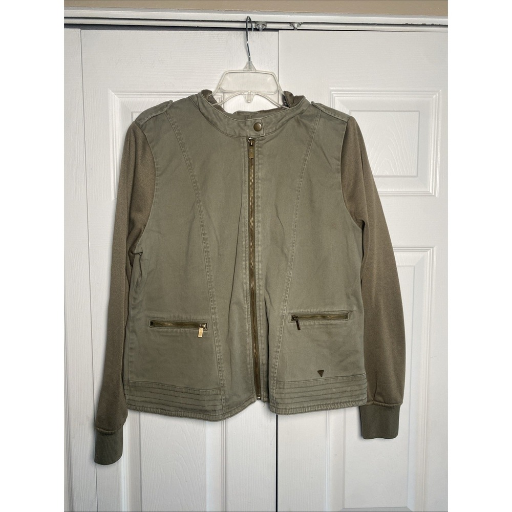 Guess Mixed Media Hooded Jacket‎ Womens XL Olive Green Utility Moto Zip Size XL